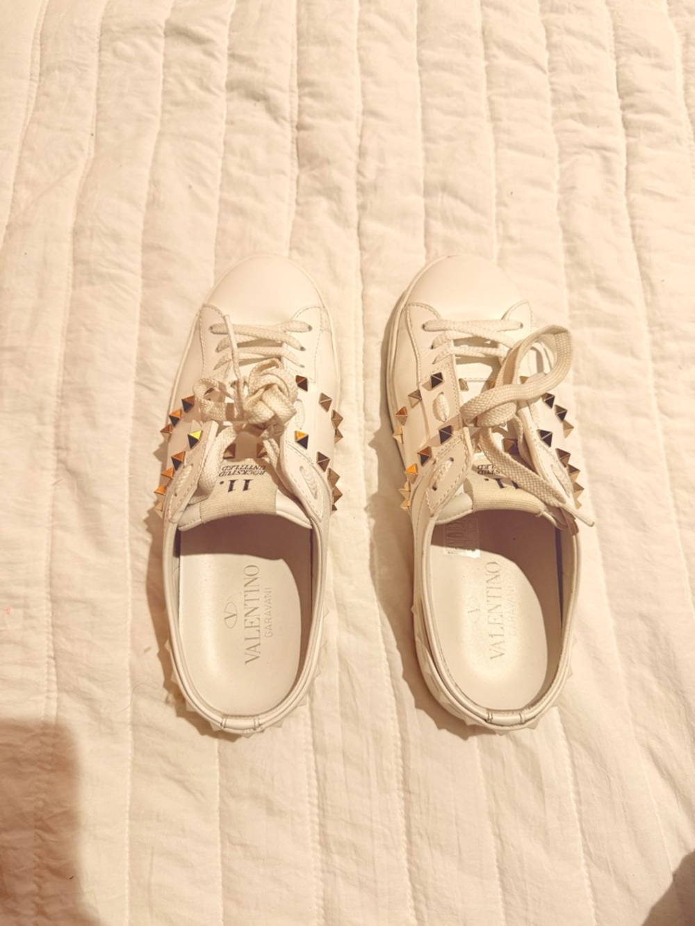 Valentino Garavani White Leather Sneakers with Gold & Silver Rockstuds